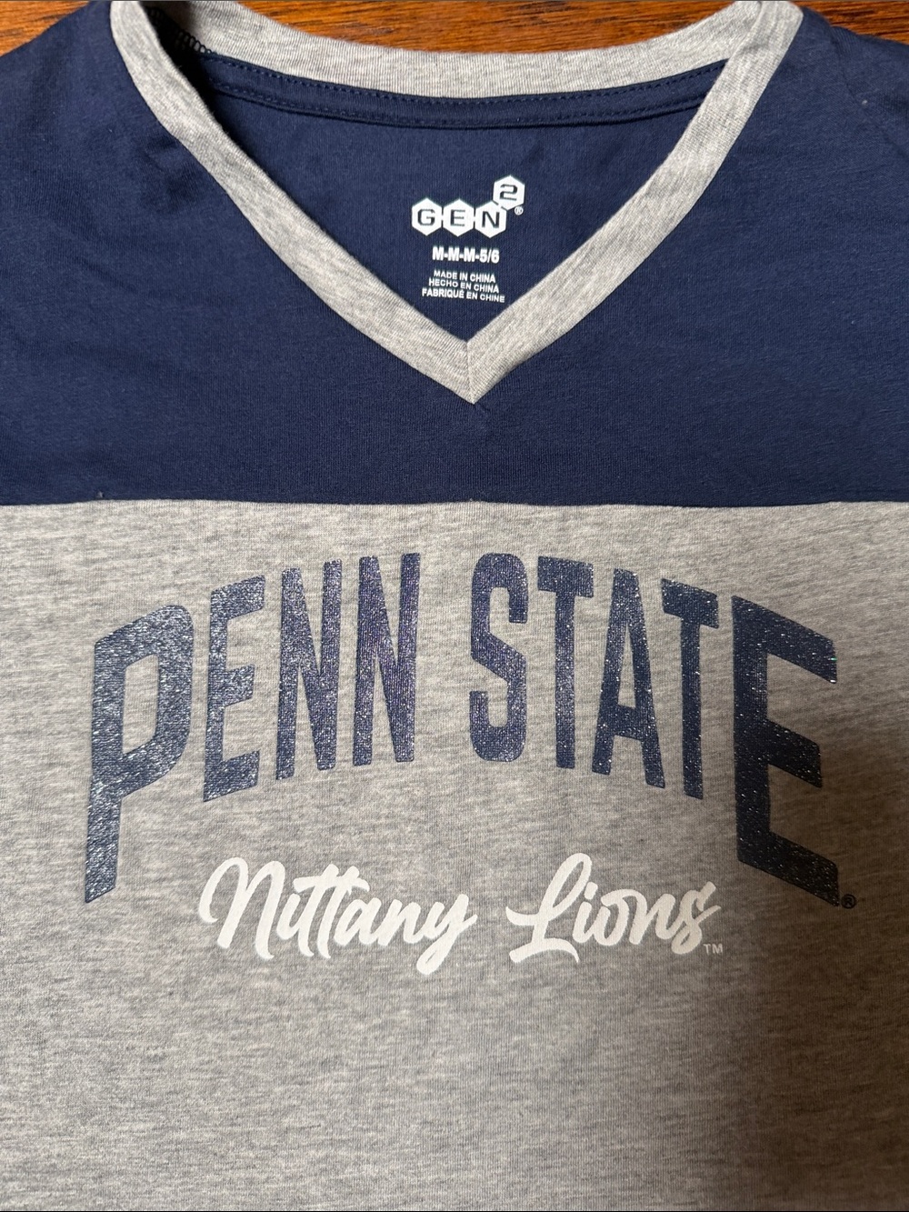Penn State Kids V-Neck Cropped Tee in Navy & Gray